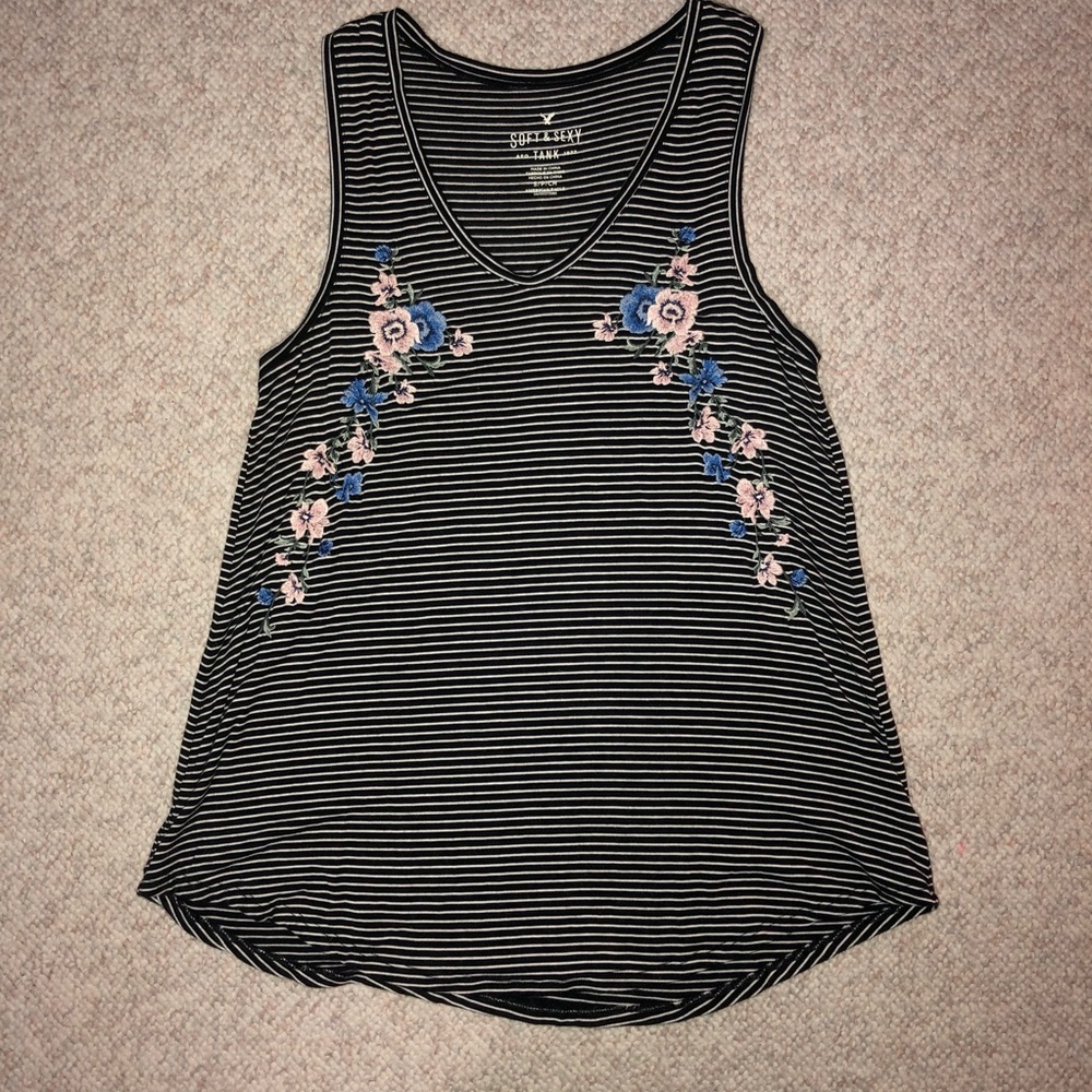 American Eagle Striped Tank Top with Flowers